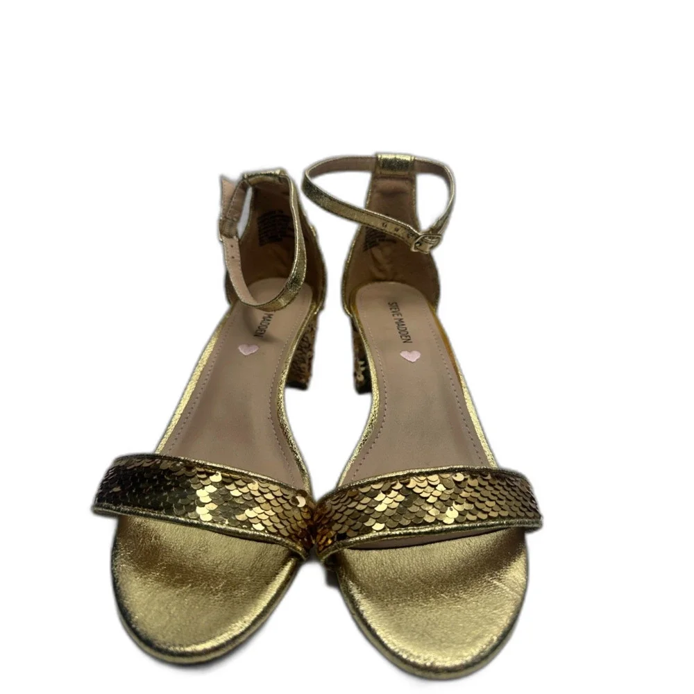 Steve Madden Block Heel Sandals 7 Y2K Sparkly Event Dressy Wedding Gold Carrson